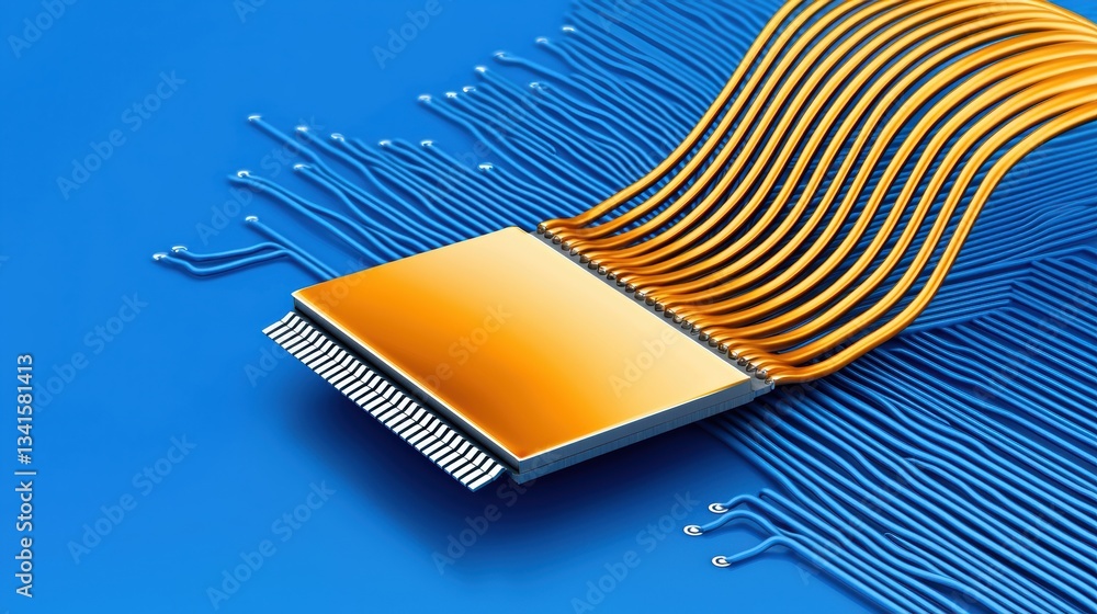 Poster A vibrant microchip with golden connections surrounded by intricate circuit patterns against a deep blue background.