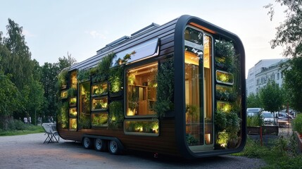 Obraz premium Eco-Friendly Solar Powered Mobile Home with Vertical Gardens and Sustainable Design