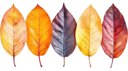 Bright autumn leaves, isolated on white, display the season's colorful fall foliage