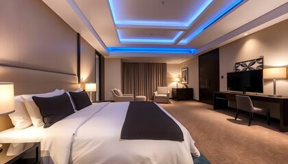 luxury hotel room, king size bed, ambient blue lighting, modern interior design, spacious, elegant decor, night scene, soft fabrics, plush pillows, large windows, city view, high-end furniture