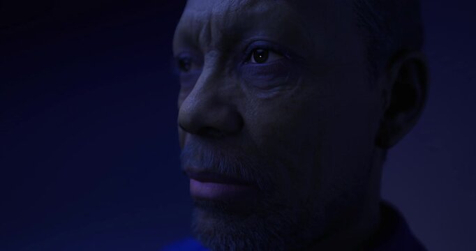 An elderly individual is depicted with strikingly realistic facial features and deep set eyes, illuminated by soft, moody lighting that highlights the textures and depth of the skin.