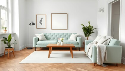 Minimalist living room, light gray couch, wooden floor, large window, natural light, potted plant, floor lamp, throw blanket, white walls, scandinavian design