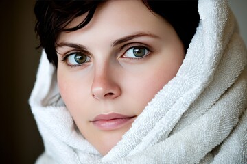 Happy woman enjoying a luxurious spa treatment with a towel over her head, symbolizing relaxation, wellness, and rejuvenation in a calming and serene atmosphere