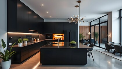 Luxurious modern kitchen, sleek black cabinetry, large island, pendant lighting, wood accents, minimalist design, high-end appliances, spacious layout