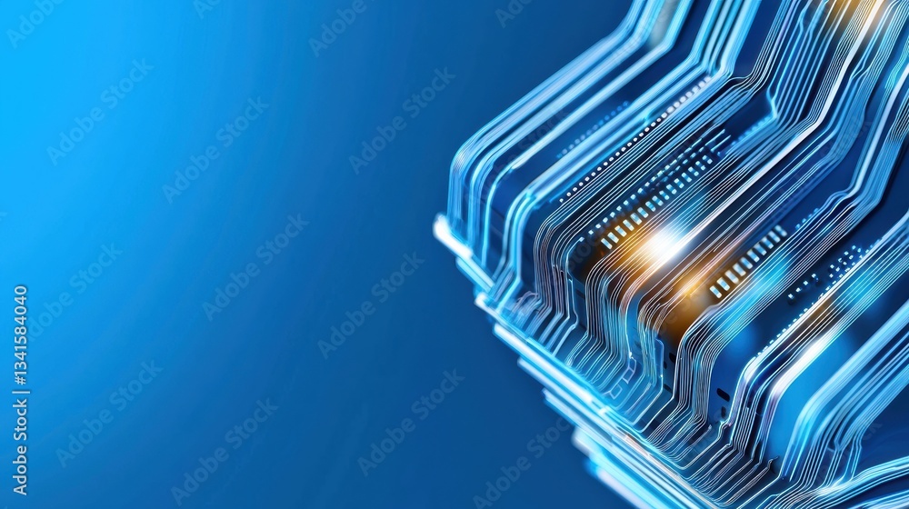 Fototapete Abstract representation of advanced technology with intricate circuit designs and glowing lights on a blue backdrop.