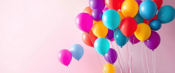 Vibrant multicolored balloons floating against a pastel background, fun, pastel