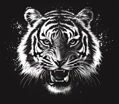 Graphic Tiger Head, Black and White, Fierce Expression, Abstract Background.  Possible Use T-shirt Design