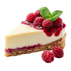 A Slice of Cheesecake Topped with Cherry Jam and Graham Cracker Crust, Isolated on a White Background