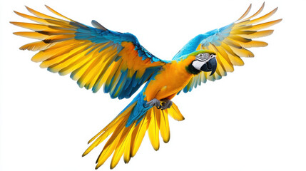 Obraz premium Colorful flying macaw parrot with vibrant blue and yellow feathers, showcasing its majestic wings in mid flight. This stunning bird captures essence of nature beauty and grace