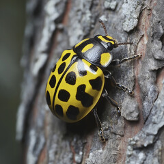 striking black-and-yellow ladybug variant crawling across rough tree bark, showcasing its glossy, patterned shell
