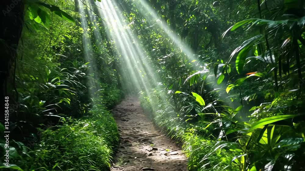 Poster lush jungle trail illuminated by soft sunlight filtering through the dense greenery, dense jungle tr