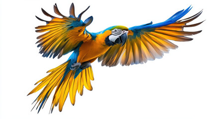 Obraz premium vibrant blue and yellow macaw parrot soaring gracefully through air, showcasing its stunning plumage and wingspan. bird embodies freedom and beauty in flight