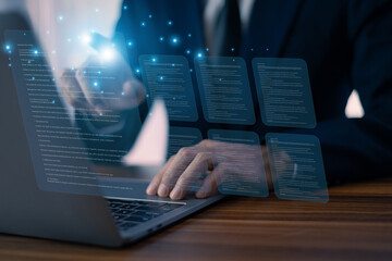 Businessman using AI-powered document analysis enhances data extraction, automates information processing, and improves accuracy for efficient decision-making and business intelligence.