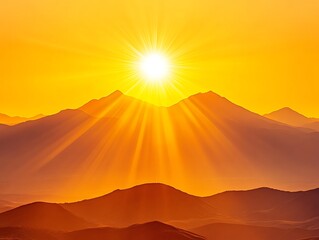 Sunbeams illuminate mountains at sunrise for backgrounds