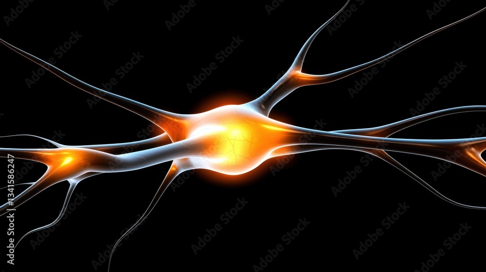 Poster An abstract visualization of a neuron, showcasing glowing connections that represent neural pathways in the brain.