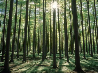 Obraz premium Sun shining through trees in a green forest landscape