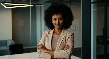 Ethiopian female executive in a stylish office, arms crossed with a confident expression. Her beige blazer and refined demeanor symbolize leadership, ambition, and success in the corporate world.