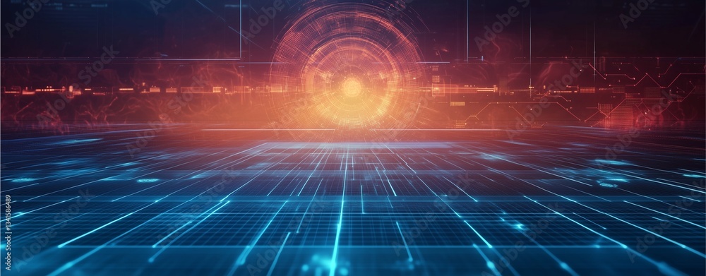 Poster digital frontier: futuristic digital landscape featuring glowing circuit lines and a central data po