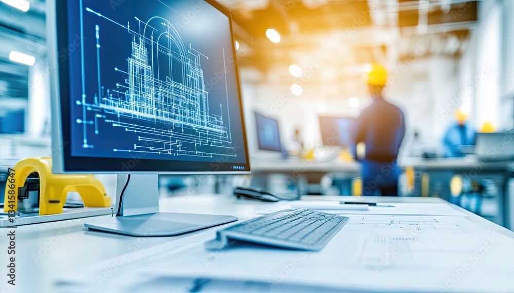 Poster engineering workspace displaying blueprints on a monitor with construction workers in background