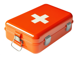 Bright orange first aid kit with reflective white cross design, compact and portable, ideal for emergencies, camping, travel, and home use safety.