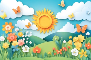 Bright and Colorful Spring Landscape with Sun, Flowers, and Butterflies in Paper Cut Style