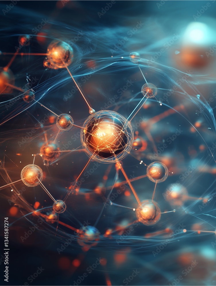Poster molecular network: abstract illustration of a molecular network with interconnected spheres and line