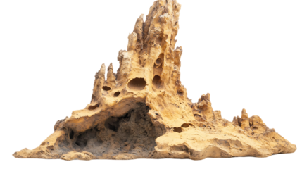 Eroded rock formation exhibits various holes and cave like structures