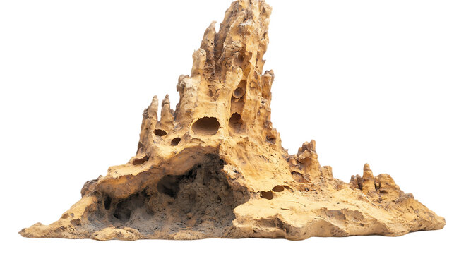 Eroded rock formation exhibits various holes and cave like structures