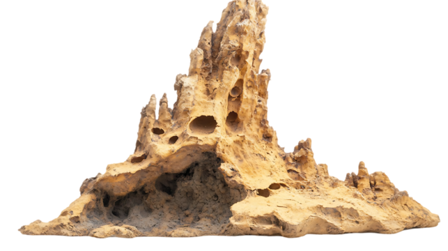 Eroded rock formation exhibits various holes and cave like structures