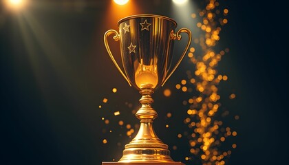 Golden trophy, spotlights, dramatic lighting, glowing particles, shimmering atmosphere, achievement, victory, celebration, metallic shine