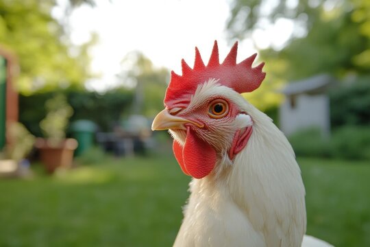 White rooster in backyard garden