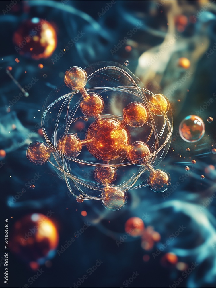 Poster atomic bonds: an abstract, detailed view of atomic bonds, illustrating the intricate structures and 