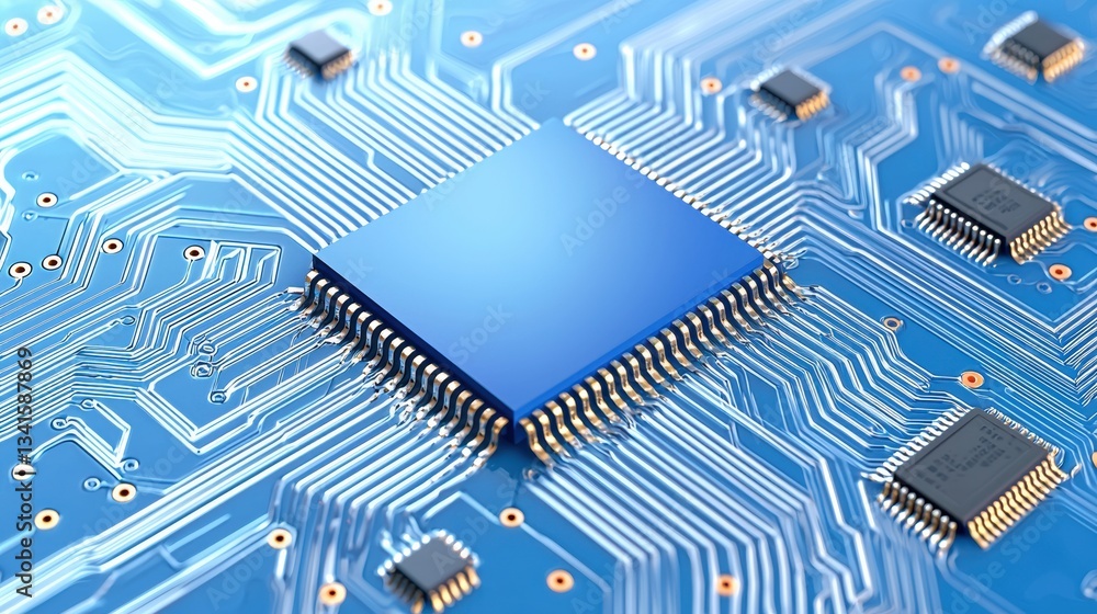 Poster close-up of a blue microchip on a detailed circuit board, showcasing intricate electronic components