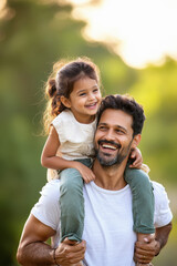 happy indian daughter enjoying on father shoulder