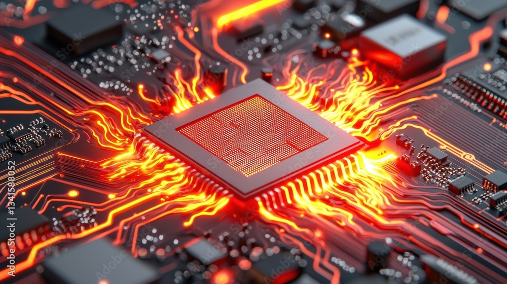 Aufkleber Close-up of a computer chip with dynamic lighting, showcasing intricate circuits and glowing connections, representing modern technology.