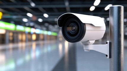 White security camera mounted on a pole, inside a blurred commercial building, monitoring the hallway for safety.