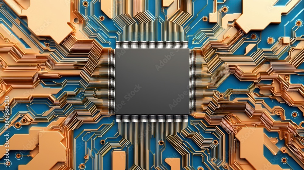 Poster Close-up of a computer microchip surrounded by intricate circuit board designs, showcasing advanced electronics and innovation.