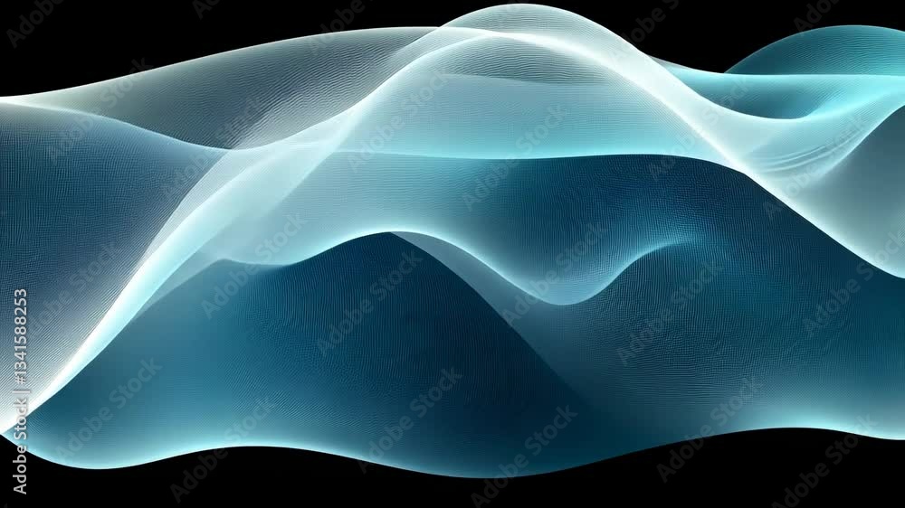 Poster abstract digital waveform in turquoise and white colors on black background featuring dynamic light 