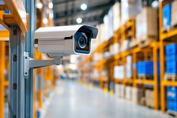 Security camera monitors warehouse, ensuring safety of goods, blurred storage shelves in the background.