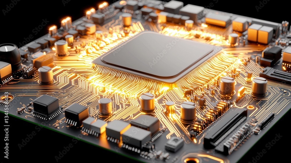 Poster close-up of a glowing microchip with intricate circuitry, showcasing advanced technology and innovat