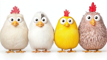 Fototapeta premium Adorable Fluffy Chicks in a Row, Cute Baby Birds, Whimsical Farm Animals Illustration