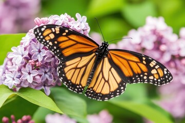Obraz premium Monarch butterfly on lilac, garden, spring