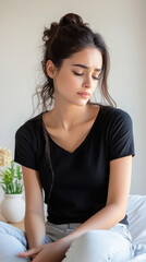 Naklejka premium young Sad young woman in tight jeans sitting on bed at home