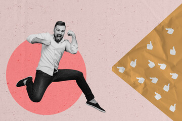 Creative poster collage of man jump up with raise fists on background full like button
