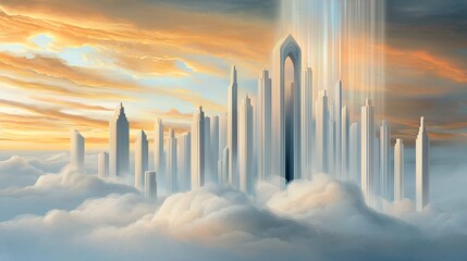 Fototapeta premium City Above Clouds, Golden Sunset