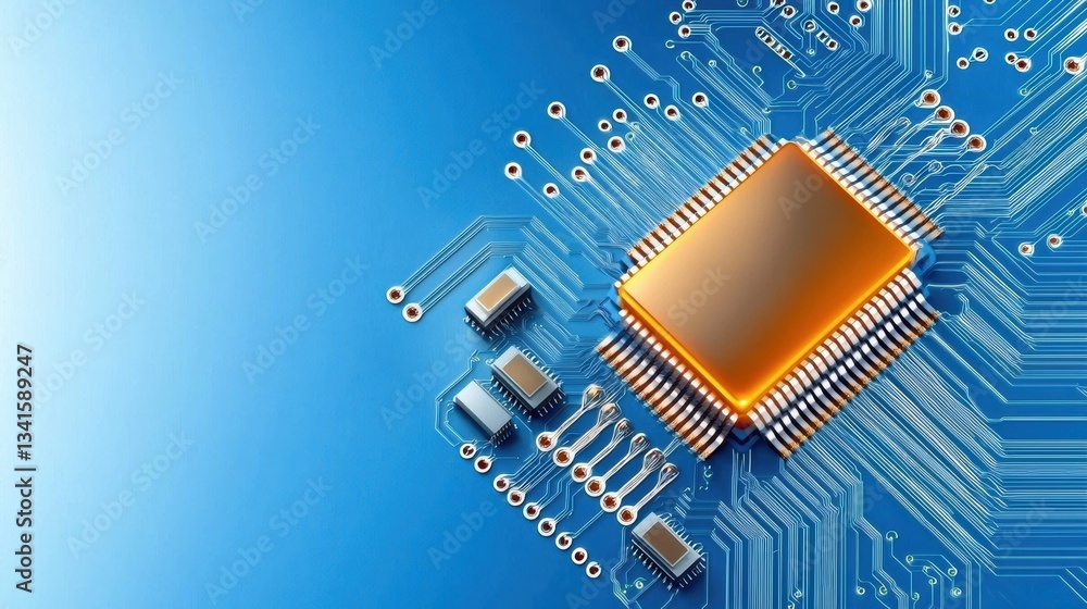 Poster close-up of a microchip with intricate circuitry on a vibrant blue background, showcasing technology