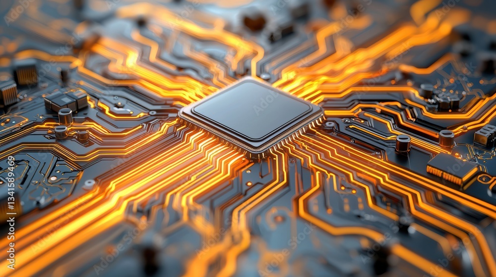 Poster Close-up of a microprocessor with intricate circuit patterns and glowing connections, showcasing modern technological advancement.