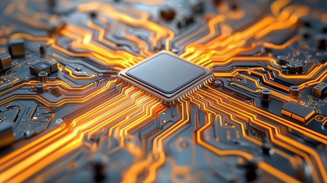 Close-up of a microprocessor with intricate circuit patterns and glowing connections, showcasing modern technological advancement.