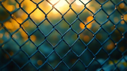 Fototapeta premium Sunset through wire fence mesh.