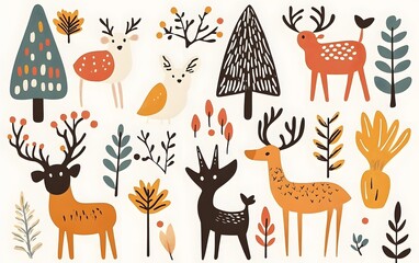Minimalist Scandinavian folk art pattern with stylized animals, trees, and geometric symbols in muted colors